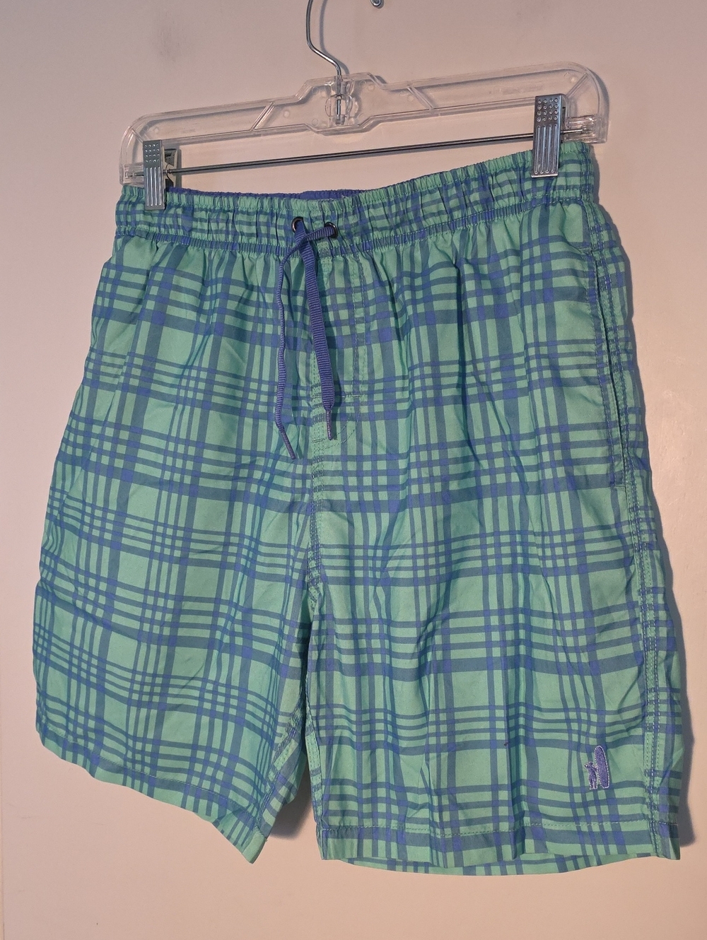 johnnie-O Medium Green Plaid Swim Trunks with Blue Drawstring Like New